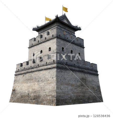 Historic stone fortress with yellow flags top, featuring multiple levels and arched windows, stands prominently. structure showcases ancient architectural design, evoking sense of history 128536436