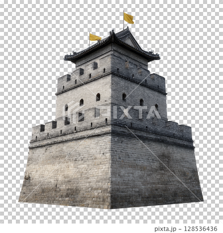 Historic stone fortress with yellow flags top, featuring multiple levels and arched windows, stands prominently. structure showcases ancient architectural design, evoking sense of history 128536436