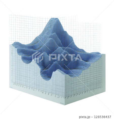3D wireframe graph with blue mesh illustrates complex data visualization, showcasing peaks and valleys on grid. design is modern and abstract, ideal for presentations 128536437