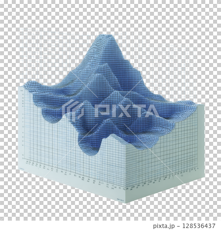 3D wireframe graph with blue mesh illustrates complex data visualization, showcasing peaks and valleys on grid. design is modern and abstract, ideal for presentations 128536437