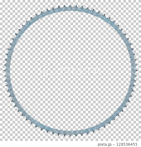 Circular blue denim frame with zigzag edge pattern creates stylish and textured border. design is simple yet elegant, perfect for adding rustic touch to any project 128536455