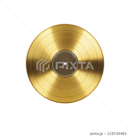 Shiny gold vinyl record with reflective surface, symbolizing music achievement and luxury. circular grooves and metallic sheen create sense of nostalgia and elegance 128536462