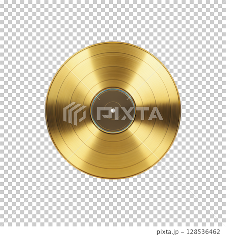 Shiny gold vinyl record with reflective surface, symbolizing music achievement and luxury. circular grooves and metallic sheen create sense of nostalgia and elegance 128536462