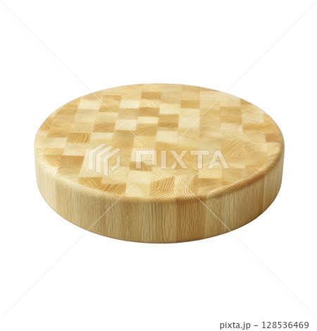 Round wooden cutting board with checkered pattern, perfect for kitchen use. board natural wood texture adds rustic charm, making it both functional and decorative 128536469