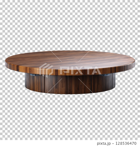 Round wooden coffee table with smooth finish and modern design, featuring sturdy base and natural wood grain. Ideal for contemporary living spaces 128536470