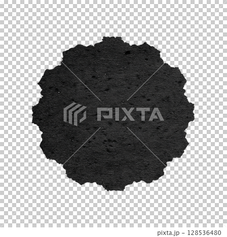 Black circular badge with textured surface and scalloped edges, resembling vintage label or seal, is centered on transparent background 128536480