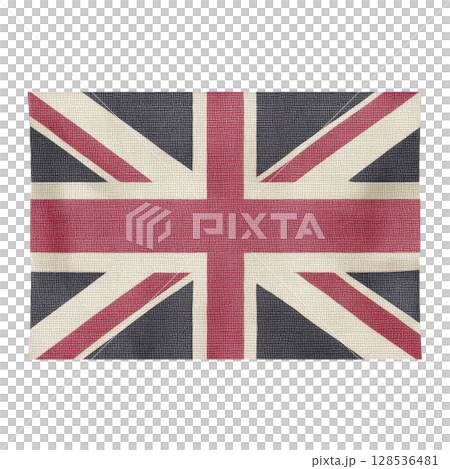 Image shows textured Union Jack flag with woven appearance, featuring iconic red, white, and blue colors. flag is displayed on transparency background, emphasizing its design 128536481