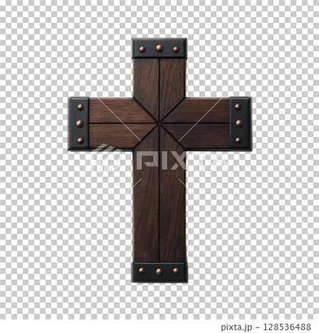 Wooden cross with metal accents and rivets, showcasing rustic and sturdy design. dark wood and metallic elements create contrast, highlighting craftsmanship and tradition 128536488