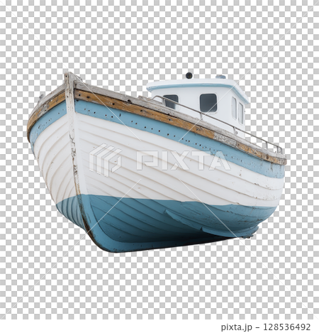 Vintage wooden fishing boat with blue and white hull is isolated on transparency background, showcasing its rustic charm and weathered texture 128536492