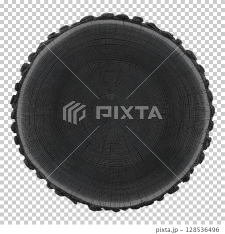 Round, dark wooden tree ring cross section with visible growth rings and textured edges, showcasing natural patterns and organic beauty 128536496