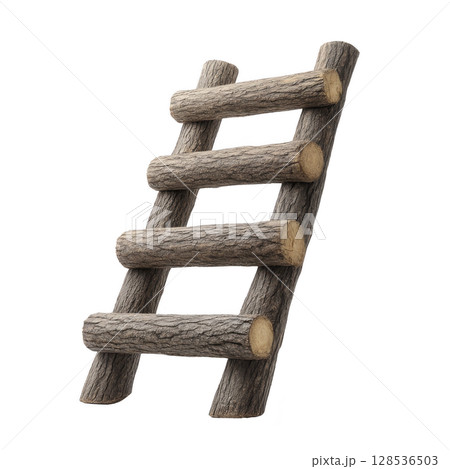 Rustic wooden ladder made from logs is shown, featuring simple and natural design. ladder consists of four rungs and is crafted from unprocessed wood, highlighting its organic texture 128536503
