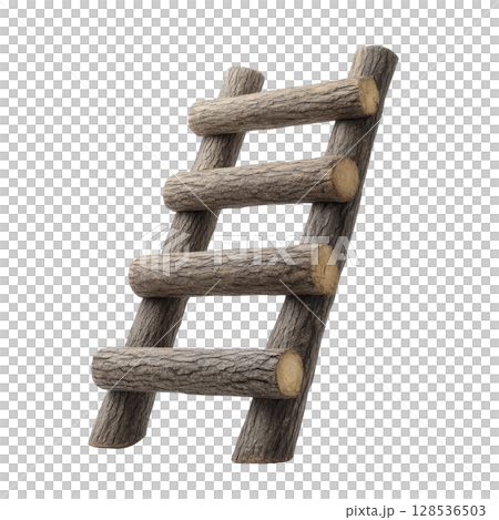 Rustic wooden ladder made from logs is shown, featuring simple and natural design. ladder consists of four rungs and is crafted from unprocessed wood, highlighting its organic texture 128536503
