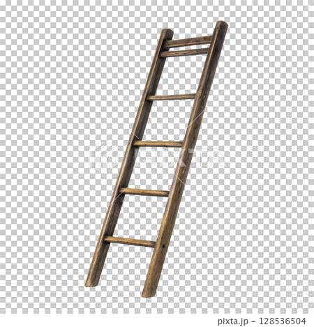 Rustic wooden ladder with five rungs, leaning slightly, showcasing vintage and sturdy design. Ideal for home decor or practical use in garden or workshop 128536504