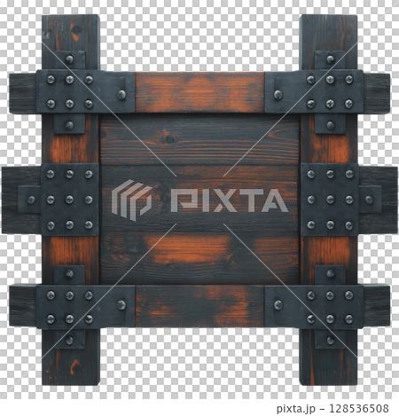 Rustic wooden sign with dark, weathered finish and metal rivets, evoking vintage and sturdy appearance. wood grain is visible, adding texture and character 128536508