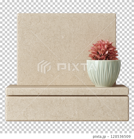 Small pink flower in textured white pot sits on beige stone platform, creating minimalist and serene composition. natural tones and simple design evoke sense of calm 128536509