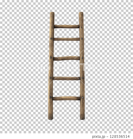 Rustic wooden ladder with five rungs stands upright, showcasing its natural texture and sturdy design. ladder simplicity and vintage appeal evoke sense of nostalgia 128536514