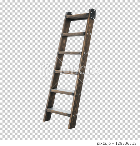 Wooden ladder with five steps is shown, featuring dark finish and metal reinforcements at top. ladder is designed for indoor use, providing sturdy and reliable option for reaching higher areas 128536515