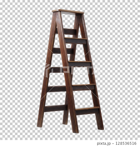 Wooden step ladder with sturdy design and multiple steps is shown, ideal for reaching high places in home or work settings. ladder dark finish adds touch of elegance 128536516