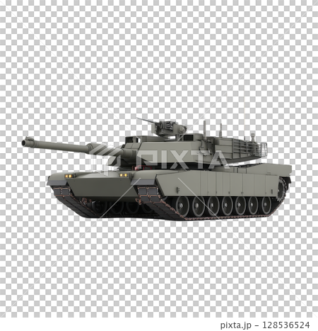 Modern military tank with long barrel and heavy armor is depicted, showcasing advanced technology and design. tank is positioned on transparency background, emphasizing its robust structure 128536524
