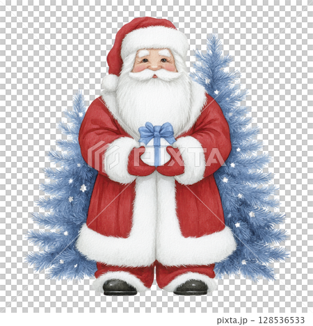 Santa Claus holding gift stands in front of blue Christmas tree, evoking festive and joyful holiday spirit. scene is adorned with snowflakes, enhancing wintery atmosphere Santa Claus holding gift stands in front of blue Christmas tree, evoking festive and joyful holiday spirit. scene is adorned with snowflakes, enhancing wintery atmosphere 128536533