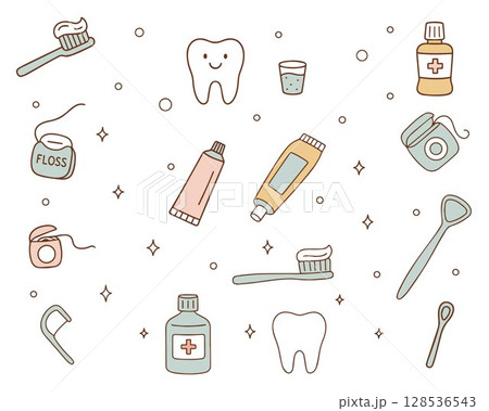 Different oral hygiene tools in doodle style. Toothbrushes, paste, dental floss, mouthwash. Oral hygiene, oral care, healthcare concept. Hand drawn vector seamless pattern. Background, wallpaper 128536543
