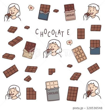 Happy smiling children eating delicious chocolate. World chocolate day. Colorful bright fashion illustration 128536548