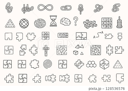 International Puzzle Day. Puzzles, jigsaw puzzles and labyrinths in doodle style. International Puzzle Day. Puzzles, jigsaw puzzles and labyrinths in doodle style. 128536576