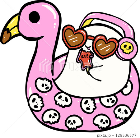 Cute Spooky Summerween ghost in flamingo floaty Halloween Summer cartoon hand drawn doodle Cute Spooky Summerween ghost in flamingo floaty Halloween Summer cartoon hand drawn doodle 128536577
