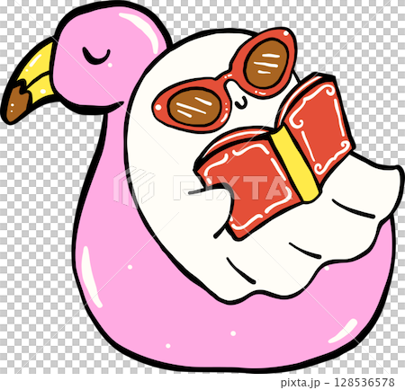 Cute Spooky Summerween ghost reading book on  flamingo floaty Halloween Summer cartoon hand drawn doodle 128536578