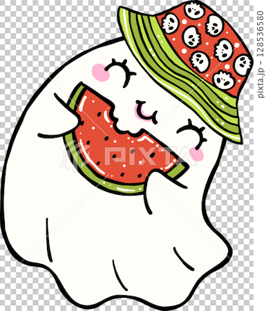 Cute Spooky Summerween ghost having watermelon Halloween Summer cartoon hand drawn doodle 128536580