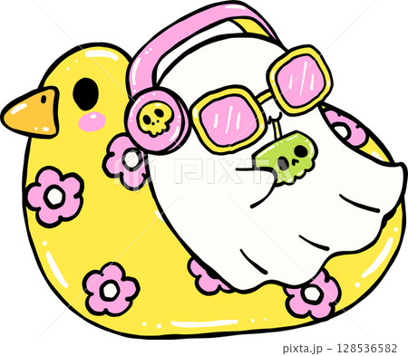 Cute Spooky Summerween ghost drink on duck floaty Halloween Summer cartoon hand drawn doodle Cute Spooky Summerween ghost drink on duck floaty Halloween Summer cartoon hand drawn doodle 128536582