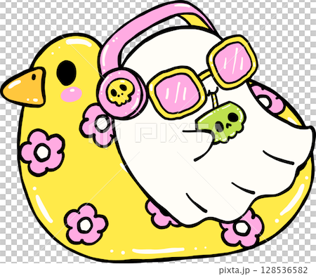 Cute Spooky Summerween ghost drink on duck floaty Halloween Summer cartoon hand drawn doodle Cute Spooky Summerween ghost drink on duck floaty Halloween Summer cartoon hand drawn doodle 128536582