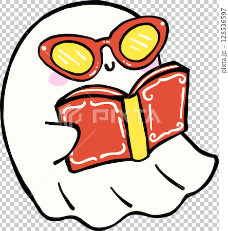 Cute Spooky Summerween ghost reading book  Halloween Summer cartoon hand drawn doodle 128536597