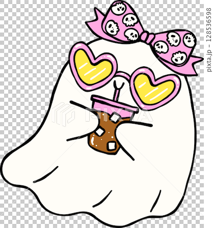 Cute Spooky Summerween ghost having ice coffee Halloween Summer cartoon hand drawn doodle Cute Spooky Summerween ghost having ice coffee Halloween Summer cartoon hand drawn doodle 128536598