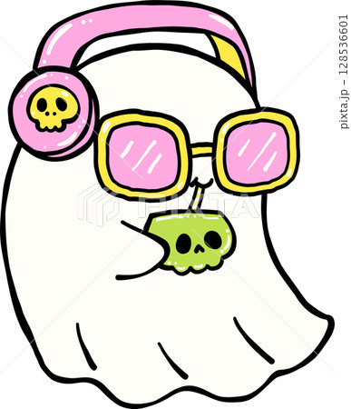 Cute Spooky Summerween ghost having coconut drink Halloween Summer cartoon hand drawn doodle Cute Spooky Summerween ghost having coconut drink Halloween Summer cartoon hand drawn doodle 128536601