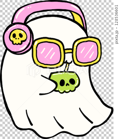 Cute Spooky Summerween ghost having coconut drink Halloween Summer cartoon hand drawn doodle Cute Spooky Summerween ghost having coconut drink Halloween Summer cartoon hand drawn doodle 128536601