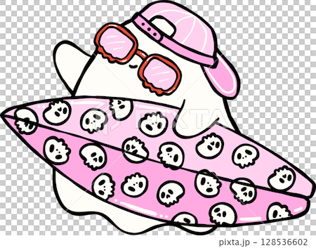 Cute Spooky Summerween ghost with surfboard Halloween Summer cartoon hand drawn doodle 128536602
