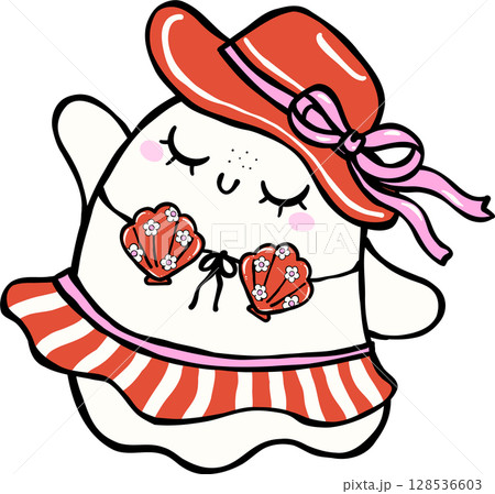 Cute Spooky Summerween ghost win bikini hawii Halloween Summer cartoon hand drawn doodle 128536603