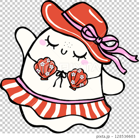 Cute Spooky Summerween ghost win bikini hawii Halloween Summer cartoon hand drawn doodle 128536603