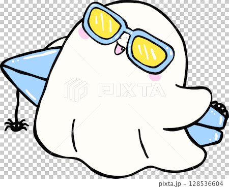 Cute Spooky Summerween ghost with blue surfboard Halloween Summer cartoon hand drawn doodle Cute Spooky Summerween ghost with blue surfboard Halloween Summer cartoon hand drawn doodle 128536604
