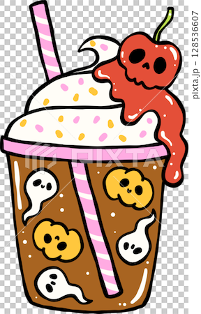 Cute Spooky ice coffee Summerween Halloween Summer cartoon hand drawn doodle Cute Spooky ice coffee Summerween Halloween Summer cartoon hand drawn doodle 128536607