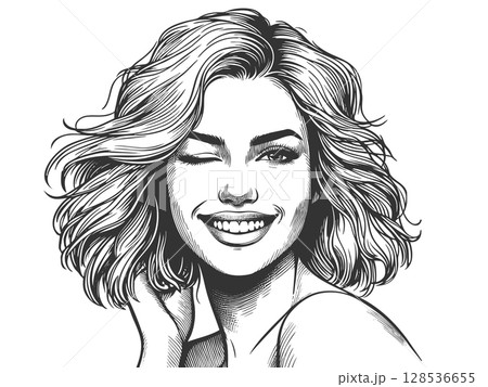 Retro Pin-Up Woman Winking engraving raster 128536655