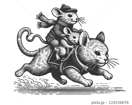 Mouse Riding a Cat engraving raster illustration 128536676