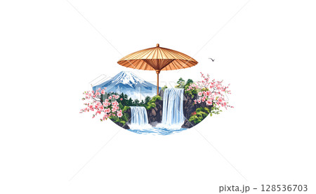 Beautiful flowing waterfall and quiet fountain of green forest, rocks and stream on white background 128536703