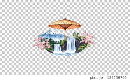 Beautiful flowing waterfall and quiet fountain of green forest, rocks and stream on white background 128536703