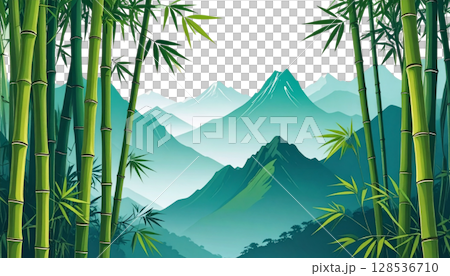 Natural landscape of bamboo forest in the morning with bamboo, trees and bright green leaves on white background 128536710