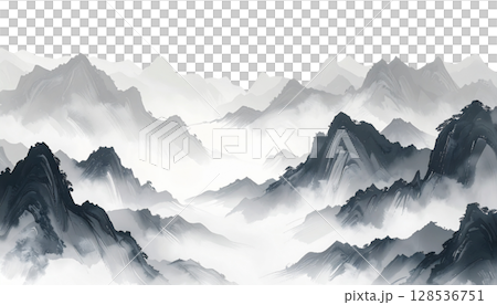 A snow-covered Japanese castle stands in a mountainous forest landscape in winter under a cloudy blue sky 128536751
