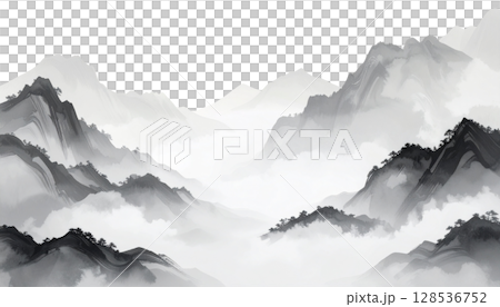 A snow-covered Japanese castle stands in a mountainous forest landscape in winter under a cloudy blue sky 128536752