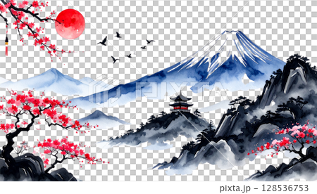 A snow-covered Japanese castle stands in a mountainous forest landscape in winter under a cloudy blue sky 128536753