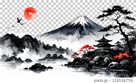 A snow-covered Japanese castle stands in a mountainous forest landscape in winter under a cloudy blue sky A snow-covered Japanese castle stands in a mountainous forest landscape in winter under a cloudy blue sky 128536759